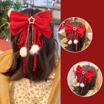 1 бр. червено-златни velvet лък, украса за коса, Коледни коледни аксесоари, щипки за коса, за жени и момичета