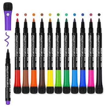 12 ярки магнитни маркери, сухо изтриване, тънък връх, Различни цветове, многофункционални маркери за дъска с ниско миризма за деца, маркери за рисуване