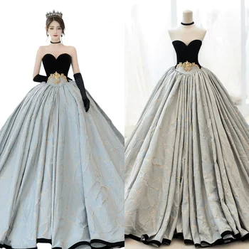 14696 # IENA Елегантна вечерна рокля от велур с яка във формата на сърце, сватбената рокля на Булката, банкет рокля, Очарователно рокля на принцеса, рокля за бала