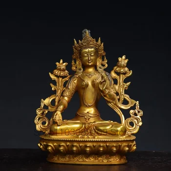 20 см Непалски тибетски украшение Месинг позлатен зелена Тара, Бодхисатва, седнала статуя на Буда, за да проверите за зала