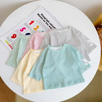 2023 Ins Корейски Пролетни блузи за малки момичета В Хлопковую клетка С дълъг ръкав, Свободни Универсални тениски за малки момичета, Тениски за малки момичета