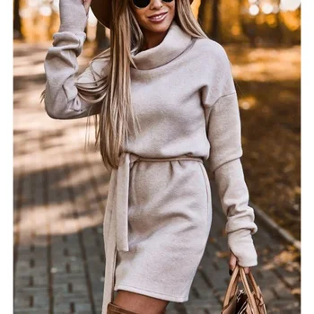 2023 Новата есенно-зимна мода, просто обикновен колан с високо воротом, женствена рокля с дълъг ръкав, всекидневни пуловер за крайградски пътувания, женствена рокля