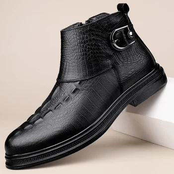 2023 Нови Черни Класически Мъжки Модел обувки С кръгло бомбе, Луксозни Маркови Мъжки Ботильоны От естествена кожа, Мъжки Обувки 