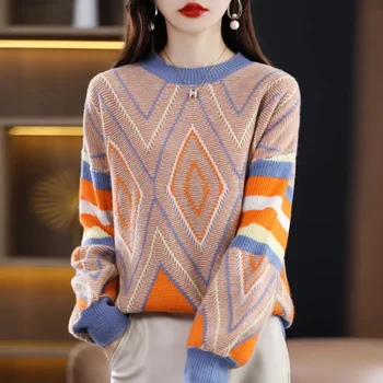 2023 Новият есенно-зимния плюшено сгъсти пуловер с кръгло деколте за жени, свободен и мързелив вязаный топ за жени