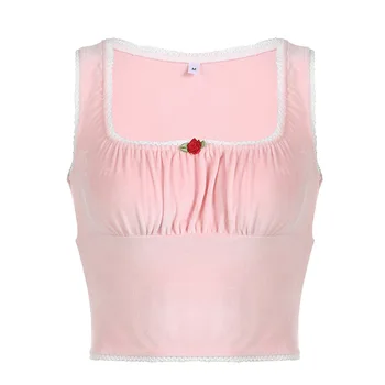 2023 Розово съкратен най-сладка детска тениска Y2K Фея Гръндж, дамски летни кадифе върховете на бретелях, тънки сладки върховете Y2k Kawaii, дрехи