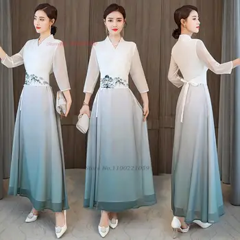 2024 китайското подобряване на рокля ципао с националния цветисти принтом рокли наклон цвят qipao oriental vintage evening dress vestido