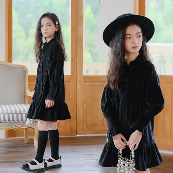 2024 Рокля за момичета, есента Лейси вельветовая облекло в корейски стил, Нови Детски рокли сладка принцеса # 7518