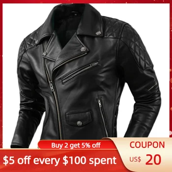 2024 Черно яке от естествена кожа за мъже в мотоциклетном стил, голям размер 4XL, натурална воловья кожа, есен приталенное късо палто байкерское