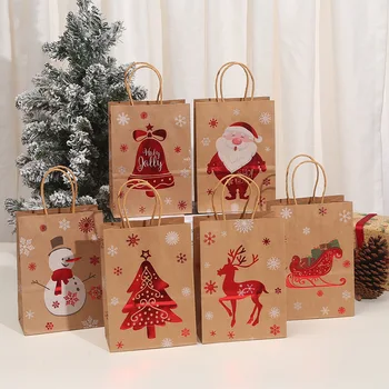 24ШТ Коледен Подаръчен Пакет От Крафт-Хартия Elk Snowflake Коледно Дърво Подарък Кафяв Преносим Хартиена торбичка