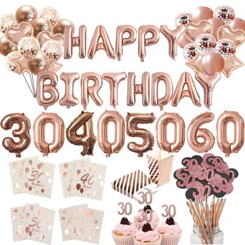 30 40 50 60-аз Цифров Кърпа за рожден ден от Розово злато с Въздушно топка, Банер за възрастни, честит рожден Ден, Годишнина Украса за парти