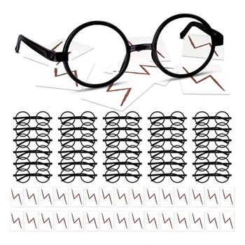 30 БР. Магически кръгли очила в рамки очила, без лещи, слънчеви очила от черна пластмаса с 30 бр. татуировки под формата на болтовете за детски партита за Хелоуин