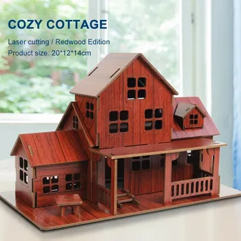 3D Дървена модел Пъзел GamesCozy Cottage направи си САМ Ръчно изработени Механични дървена къща за деца и възрастни Механичен комплект дървени конструк