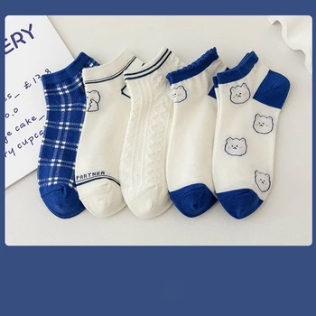 5 Двойки/лот, летни къси стръмни чорапи, дамски модерен комплект синьо с цветен модел, тънки дишащи памучни дамски къси чорапи 2023 година на издаване