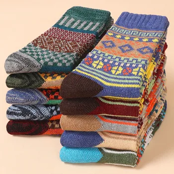 5 Двойки / лот, мъжки дебели вълнени чорапи, есен-зима, висококачествени японски реколта чорапи на райета, топли и удобни меки чорапи EU 38-44