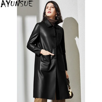 AYUNSUE Благородна яке от естествена кожа, дамски палто от естествена овча кожа, есен-зима, свободни кожени якета средна дължина, елегантни