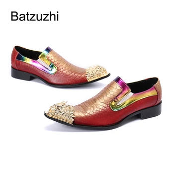 Batzuzhi/ Мъжки кожени модела обувки със Златно метално бомбе Италиански тип, Мъжки обувки, без закопчалка за рок партита и сватби, US6-US12
