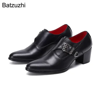 Batzuzhi/ мъжки обувки на висок ток 7 см, черни модела обувки от естествена кожа с остър бомбе, Мъжки бизнес кожени обувки с каишка и катарама, мъжки!