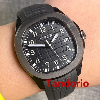 Bliger 40 мм Квадратни часовници в нетната стил Черно PVD корпус Сапфирен кристал NH35A Механизъм за самостоятелно ликвидация Стъклена Делото Нажежен каишка от каучук Дата