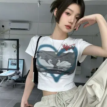 E-girl love върховете женски Y2k графична тениска с къс ръкав, бяла укороченная градинска облекло в корейски стил тениска летни блузи 2023 тениска