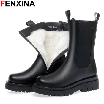 FENXINA, големи размери 35-43, нови зимни обувки от естествена кожа, топли зимни обувки от естествена вълна на платформа, дамски обувки 