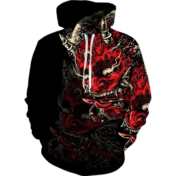 Hoody на японски самурай с 3D принтом лице на призрак с качулка и дълъг ръкав, мъжки блузи в стил хип-хоп, детска hoody, мъжко палто