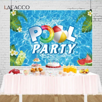Laeacco Custom Blue Лятна парти край басейна, Празнична тема, фон за рожден ден, снимков банер, фонове, за снимки, декор, реквизит