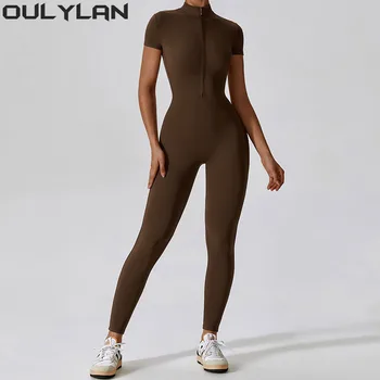 Oulylan Фитнес боди, едно парче костюм, комплект за йога с цип с къс ръкав, дамски комбинезони, облекла за тренировки с ефект повдигащ, спортно облекло