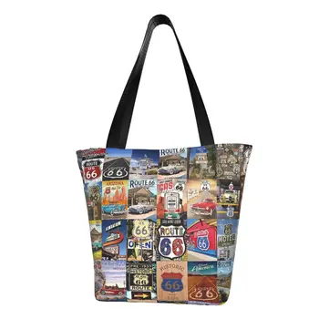 Route 66 Колаж Продуктова чанта-тоут, чанти за пазаруване, дамски скъпа холщовая пазарска чанта през рамо, чантата е с голям капацитет