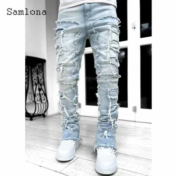 Samlona 2023 Нови Летни дънки Demin Pants, мъжки Модни скъсани панталони с висока талия, мъжки ежедневни улични спортни панталони Demin, големи размери