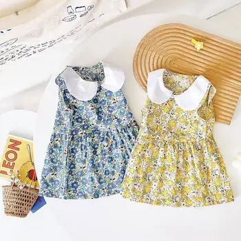 Sanlutoz/ модни рокли за малки момичета от памук без ръкави с цветен печат, бебешка рокля, Стилна лятна Корейски дрехи