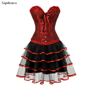 Sapubonva корсети за жени, по-големи размери, бурлескный костюм, корсетное рокля с пола-един сноп, червено и черно, корсетная мода