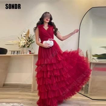 SONDR Зашеметяващи Дълги рокли за абитуриентски бал от червен тюл с V-образно деколте, Многослойни Вечерни рокли с дължина до пода, на Официална вечерна рокля 2023 Vestidos
