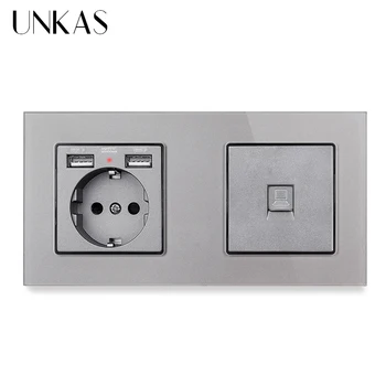 UNKAS Crystal Glass Panel Електрически Контакт Стандарт на ЕС с 2 USB + 1 Gang RJ-45 Internet Jack CAT5E Конектор 172 * 86 мм Изход