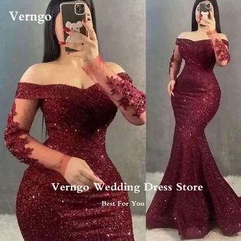 Verngo Блестящи бордо вечерни рокли на русалка с открити рамене, апликация с дълги ръкави, по-големи размери, рокли за абитуриентски бал, гала случай
