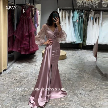 XPAY Скромни блестящи Арабски дамски официални рокли от сатен с дълъг ръкав и намаляване на Арабското вечерна рокля за бала Плюс размер