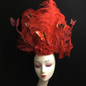 Аксесоари за коса, Червено багаж преувеличен Индивидуален стил в китайски стил, украса от пера-пеперуди и кисточек, шапки за сценичното представяне
