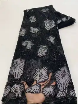 Африканска лейси плат с пайети 2023 5 Ярда от Висококачествени Френски Нигерийски мъниста Лейси плат за Младоженеца За шивашки партита, Сватбени рокли