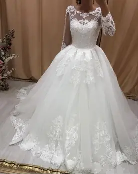 Бална рокля голям размер Сватбена рокля Реколта илюзия Дантелени апликации В стил Кънтри С дълъг ръкав на Сватбена рокля с цип отзад