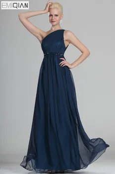 Безплатна доставка Великолепен бюст с рюшами през рамо тъмно синьо шифоновое вечерна рокля