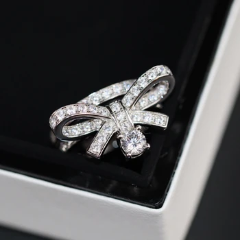 Бижута от сребро 925 проба с лък, пръстени CZDiamond, сватбена украса, Сватбен пръстен с лък, луксозни бижута