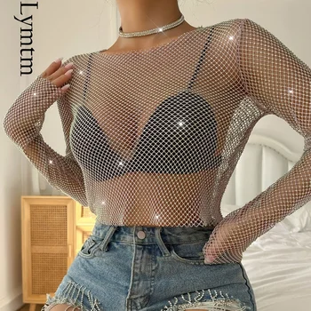 Блестящи цветни тениски с мрежа от страз, секси прозрачна ажурная риза с дълги ръкави и кристали, съкратен топ за парти
