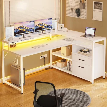 Бял компютърна маса SEDETA с чекмеджета, домашен офис бюро 55 инча с картотекой и рафтове за съхранение, игри на маса L-образна форма