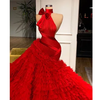 В прекрасна Червена вечерна рокля Без ръкави с лък слоеной Органза с дължина до пода, с влак за Параклиса, за Тържествен повод, Луксозно Дамско Сватбена рокля