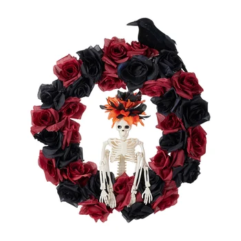 Венец на Хелоуин за входната врата с червени и черни изкуствени рози и виртуален скелет, венец на Хелоуин, призрачен декор за дома