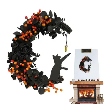 Венец на Хелоуин, черна котка, венци от Лунния рози, готическата венец за входната врата, подпори за празника Хелоуин, декорация на помещения и на улицата.