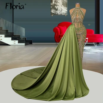 Вечерна рокля с зелени кристали ръчно изработени Eleangt 2024, рокли за специални случаи, бродирани с мъниста рокли за абитуриентски бал с високо воротом, Дубай