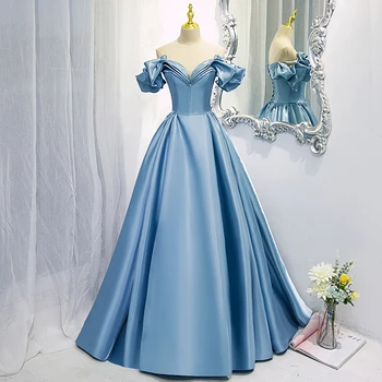Вечерни рокли С рюшами И Гънките на Синия Цвят Трапецовидна Форма 2023, Моден Еластичен Сатен Рокля За Бала, Елегантни и Размери по поръчка