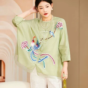 Висококачествена и модерна риза с бродерия на Финикс в китайски стил, сезон Пролет-лято, женски свободен топ с кръгло деколте и ръкав на китката, S-XXL
