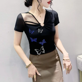 Висококачествена лято Корейски прозрачна елегантна универсална тениска с къс ръкав, маркова окото блуза с пеперуда Hot Diamonds