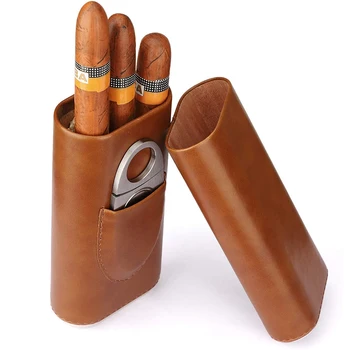 Висококачествени Humidors на 3 пръста, преносима кутия за пури, кафяв кожен калъф за пури с нож за пури